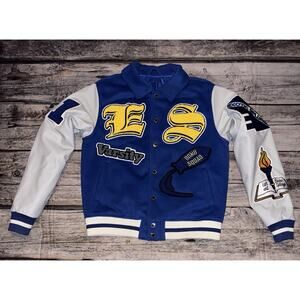 Exotic Splurge Bomb Squad Varsity Jacket Button Up Embroidered Blue Grey Medium